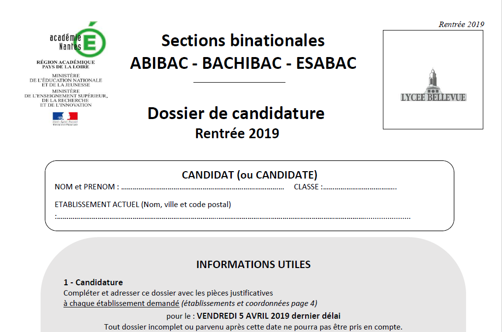 Dossier de candidature pour les Sections Binationales – Rentrée 2019