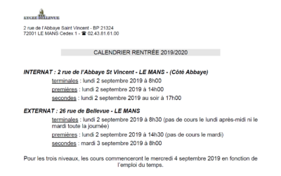 Calendrier – Rentrée 2019